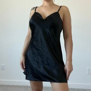 Val Mode Y2K 90s‎ Black Satin Mini Slip Dress Nightgown